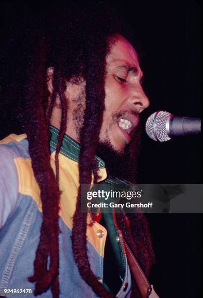 Jamaican Reggae musician Bob Marley leads his band the Wailers during a performance in the 'Uprising' tour at Madison Square Garden , New York, New...