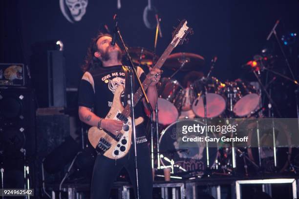 British Heavy Metal musician Lemmy , of the group Motorhead, plays bass guitar as he performs onstage at the Palladium , New York, New York, May 14,...