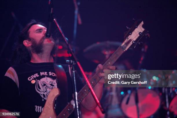 British Heavy Metal musician Lemmy , of the group Motorhead, plays bass guitar as he performs onstage at the Palladium , New York, New York, May 14,...