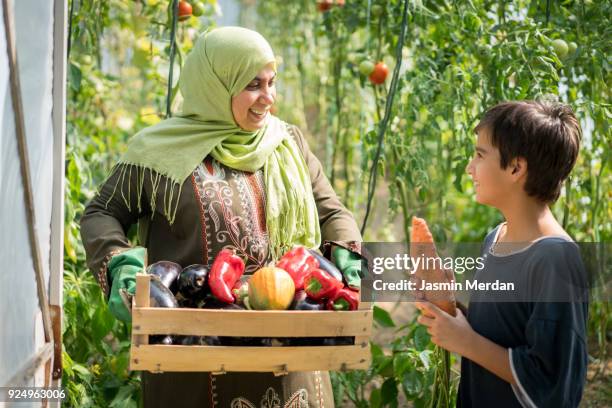 mother and son working together in garden - turkish boy stockfoto's en -beelden