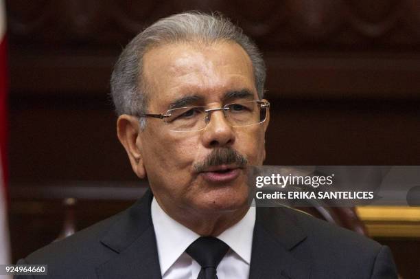 Dominican President Danilo Medina delivers a speech before the congress marking the 174th anniversary of independence in Santo Domingo, on February...