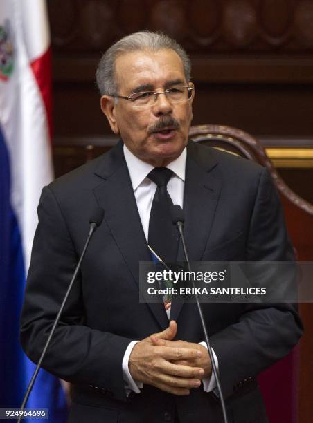 Dominican President Danilo Medina delivers a speech before the congress marking the 174th anniversary of independence in Santo Domingo, on February...