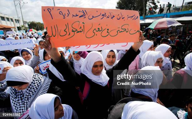 Palestinian students of United Nations-run schools take part in a protest against a U.S. Decision to cut aid, in Khan Younis in the southern Gaza...