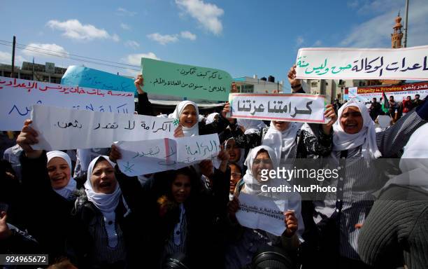 Palestinian students of United Nations-run schools take part in a protest against a U.S. Decision to cut aid, in Khan Younis in the southern Gaza...