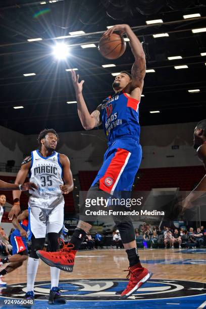 McDaniels of the Grand Rapids Drive grabs a rebound against the Lakeland Magic during the game on February 24, 2018 at RP Funding Center in Lakeland,...