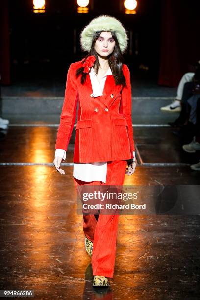 Model walks the runway during the Jour/ne show as part of the Paris Fashion Week Womenswear Fall/Winter 2018/2019 on February 27, 2018 in Paris,...