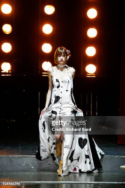 Model walks the runway during the Jour/ne show as part of the Paris Fashion Week Womenswear Fall/Winter 2018/2019 on February 27, 2018 in Paris,...