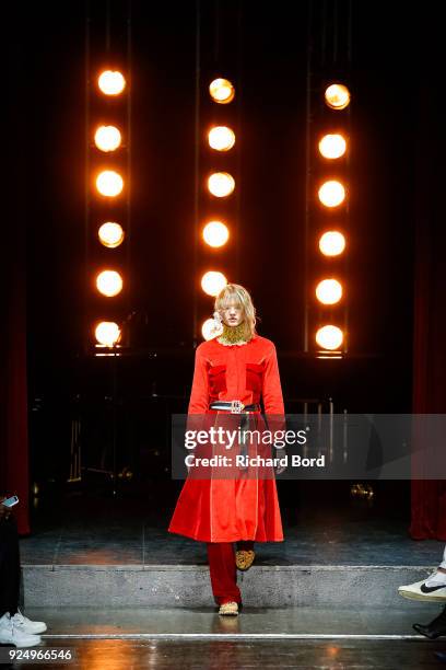 Model walks the runway during the Jour/ne show as part of the Paris Fashion Week Womenswear Fall/Winter 2018/2019 on February 27, 2018 in Paris,...