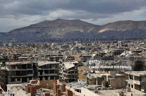 Picture taken on February 27, 2018 shows a view of the rebel-held neihgbourhood of Jobar, on the eastern edge of the Syrian capital Damascus...