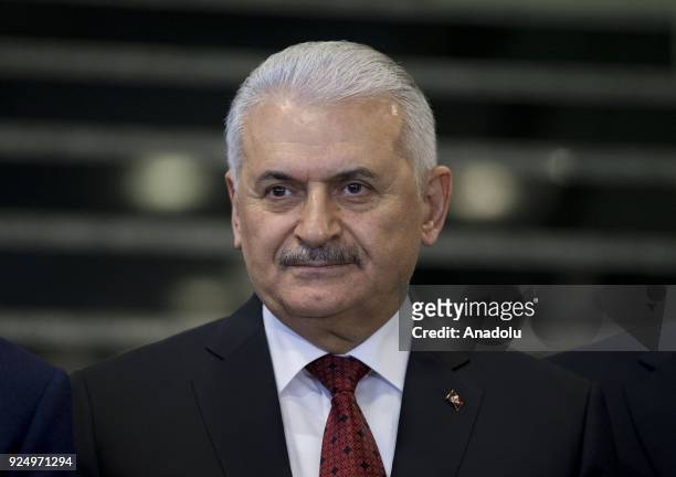 Turkish Prime Minister Binali Yildirim delivers a speech during the opening ceremony of the photograph exhibition entitled 26th anniversary of...