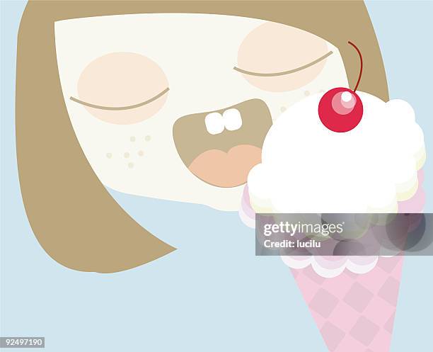 ilustraciones, imágenes clip art, dibujos animados e iconos de stock de niña de tomar un bocadillo - cuchara-de-helado