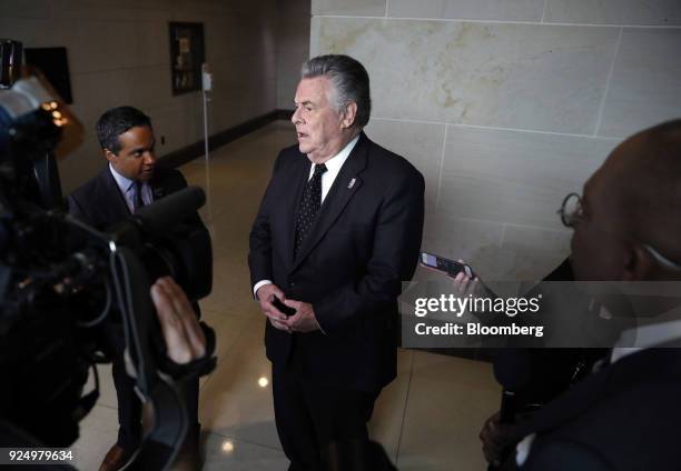 Representative Peter King, a Republican from New York, speaks with members of the media ahead of Hope Hicks, White House communications director, not...