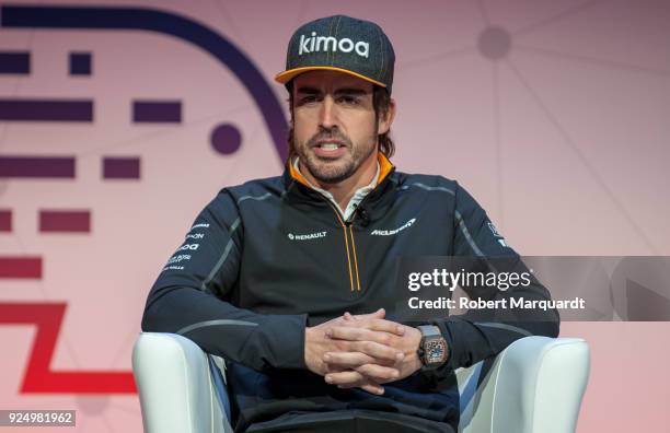 Fernando Alonso attends a conference on 'The Fourth Industrial Revolution' at the Mobile World Congress 2018 on February 27, 2018 in Barcelona,...
