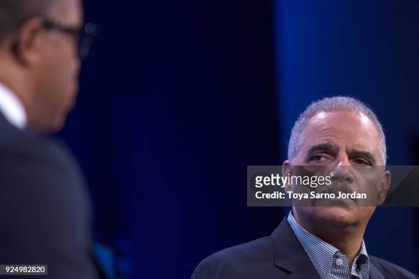 Former U.S. Attorney General Eric Holder speaks during an interview at the Washington Post on February 27, 2018 in Washington, DC. During an...
