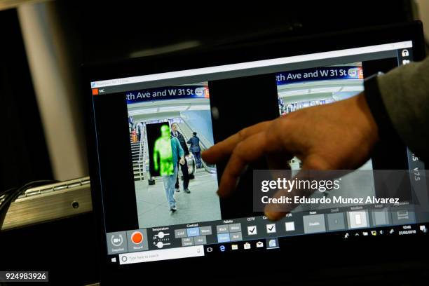 Pedestrians are seen through the new devices designed to detect explosives at New York City's Penn Station on February 27, 2018 in New York City. The...