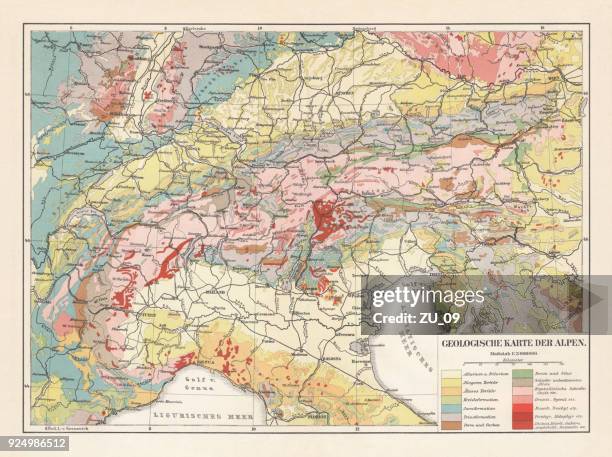 ilustrações de stock, clip art, desenhos animados e ícones de geological map of the european alps, lithograph, published in 1897 - diorito