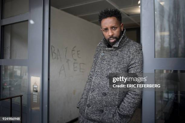 French director Ladj Ly poses on February 27, 2018 during a portrait session in the "Chene Pointu" council estate in Clichy-sous-Bois, where some...