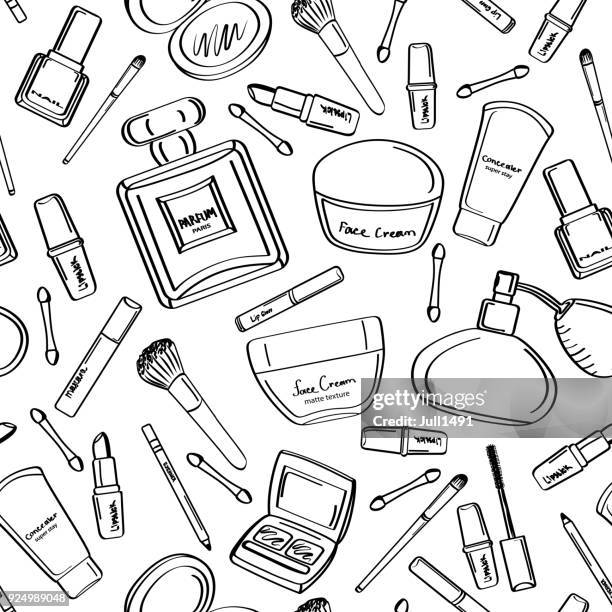 ilustraciones, imágenes clip art, dibujos animados e iconos de stock de patrón sin fisuras con los cosméticos en un estilo de contorno - maquillaje para ojos