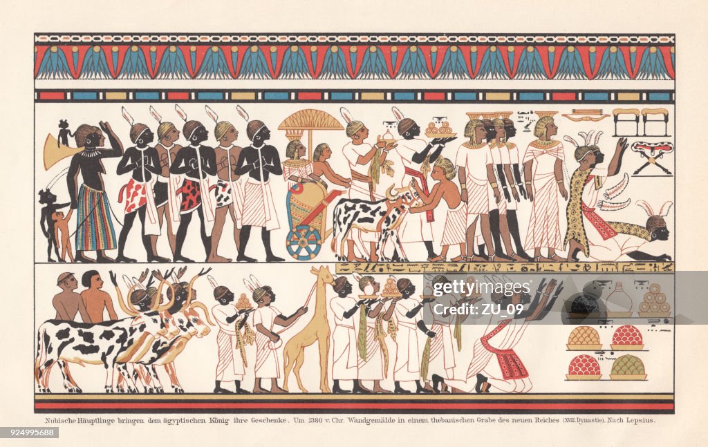 Nubian chiefs bring gifts to pharaoh, Theben, c.1380 BC, lithograph