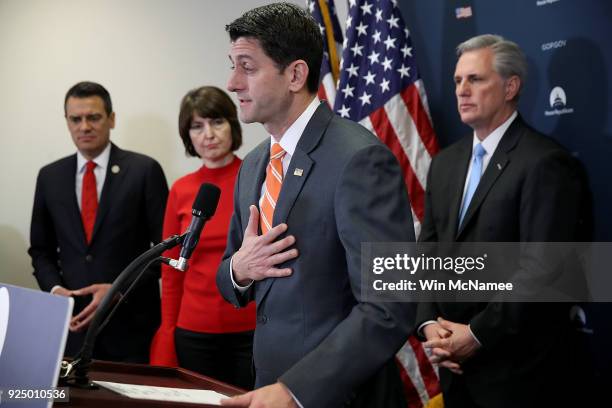 Speaker of the House Paul Ryan answers questions during a press conference at the U.S. Capitol February 27, 2018 in Washington, DC. Ryan fielded a...