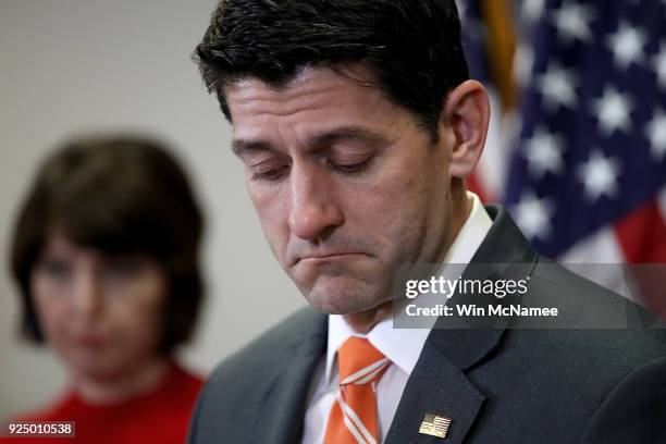 Speaker of the House Paul Ryan answers questions during a press conference at the U.S. Capitol February 27, 2018 in Washington, DC. Ryan fielded a...