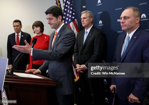 Speaker of the House Paul Ryan answers questions during a press conference at the U.S. Capitol February 27, 2018 in Washington, DC. Ryan fielded a...