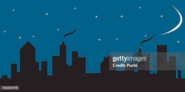 ilustrações, clipart, desenhos animados e ícones de horizonte da cidade à noite - vista inclinada