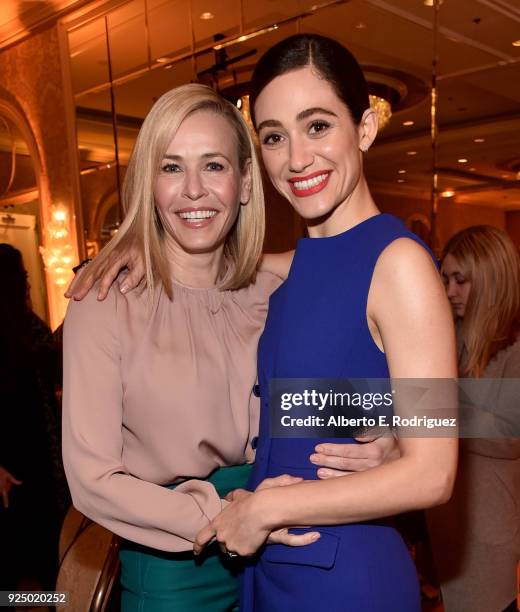 Chelsea Handler and Emmy Rossum attend EMILY's List Pre-Oscars Brunch and Panel on February 27, 2018 in Los Angeles, California.