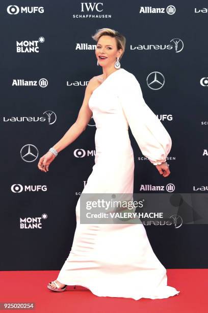 Princess Charlene of Monaco walks on the red carpet before the 2018 Laureus World Sports Awards ceremony at the Sporting Monte-Carlo complex in...