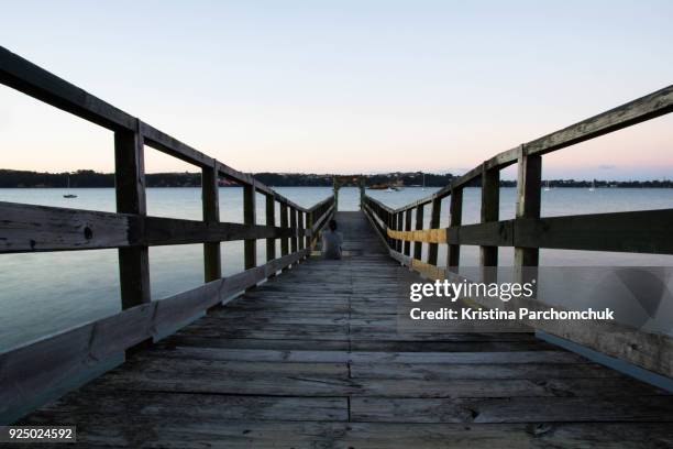 sitting on wairangi wharf at blue hour - herne bay foto e immagini stock