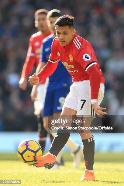 Alexis Sanchez of Man Utd in action during the Premier League match between Manchester United and Chelsea at Old Trafford on February 25, 2018 in...