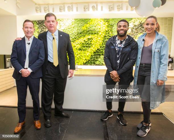 America President and CEO Gene McCarthy, from left, Boston Mayor Martin J. Walsh, ASICS Elite Athletes Jordan Burroughs and Lolo Jones at the grand...