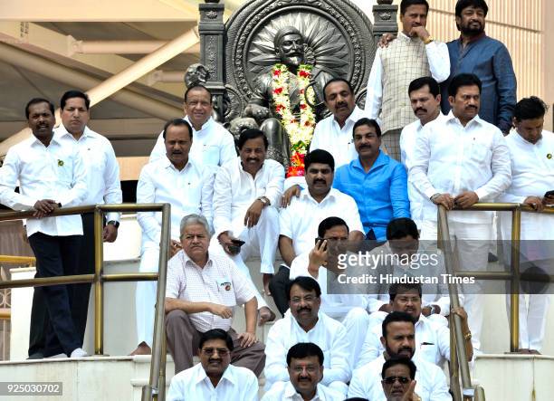 And Congress MLAs protest against BJP-Sena govt on the first day of Budget Session at Vidhan Bhavan on February 26, 2018 in Mumbai, India.