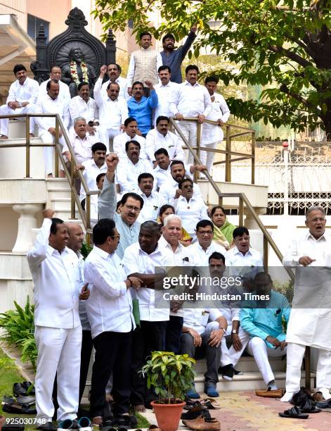 And Congress MLAs protest against BJP-Sena govt on the first day of Budget Session at Vidhan Bhavan on February 26, 2018 in Mumbai, India.