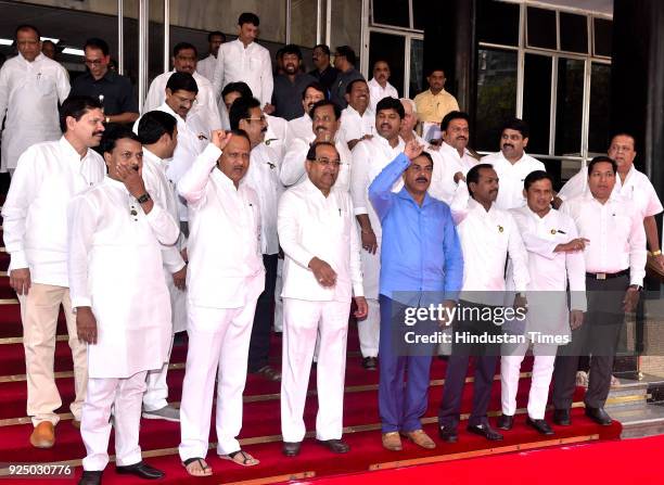 And Congress MLAs protest against BJP-Sena govt on the first day of Budget Session at Vidhan Bhavan on February 26, 2018 in Mumbai, India.