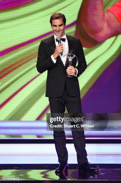 Tennis player Roger Federer accepts the Laureus World Comeback of the Year during the 2018 Laureus World Sports Awards show at Salle des Etoiles,...