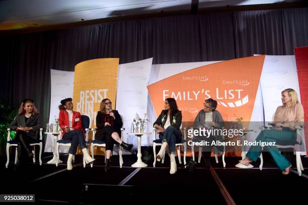 Constance Wu, Elaine Welteroth, Amber Tamblyn, Padma Lakshmi, Former U.S. Senator Barbara Boxer and Chelsea Handler speak onstage at EMILY's List...