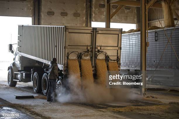 Driver unloads corn from a truck at the Poet Biorefining facility in Jewell, Iowa, U.S., on Wednesday, Feb. 21, 2018. Renewable Identification...
