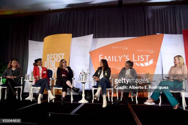 Constance Wu, Elaine Welteroth, Amber Tamblyn, Padma Lakshmi, Former U.S. Senator Barbara Boxer and Chelsea Handler speak onstage at EMILY's List...