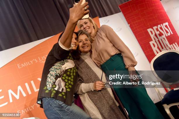 Padma Lakshmi, Former U.S. Senator Barbara Boxer and Co-Chair Chelsea Handler take a selfie onstage at EMILY's List Pre-Oscars Brunch and Panel on...