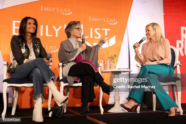 Padma Lakshmi, Former U.S. Senator Barbara Boxer, and Chelsea Handler speak onstage at EMILY's List's "Resist, Run, Win" Pre-Oscars Brunch on...
