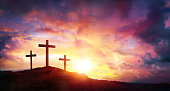 Crucifixion Of Jesus Christ  At Sunrise - Three Crosses On Hill
