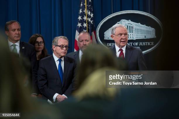 Attorney General Jeff Sessions speaks during a press conference at the Department of Justice in Washington, DC on February 27, 2018. Sessions...