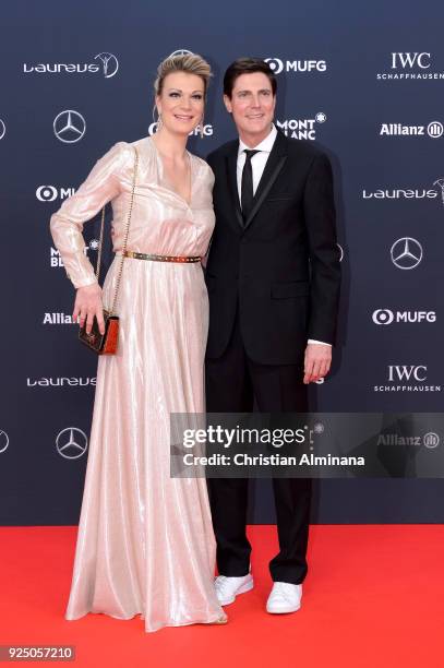 Maria Hoefl-Reisch and guest attend the 2018 Laureus World Sports Awards at Salle des Etoiles, Sporting Monte-Carlo on February 27, 2018 in Monaco,...