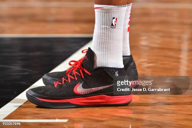 The sneakers of Cristiano Felicio of the Chicago Bulls during the game against the Brooklyn Nets on February 26,2018 at Barclays Center in Brooklyn,...