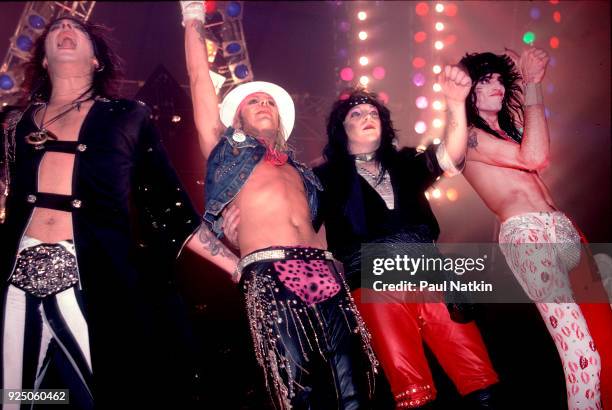 Motley Crue, left to right Nikki Sixx, Vince Neil, Mick Mars, and Tommy Lee, at the Rosemont Horizon in Rosemont, Illinois, November 1, 1985.