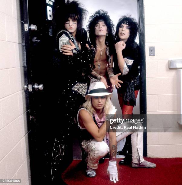 Portrait of rock band Motley Crue at the Rosemont Horizon in Rosemont, Illinois, November 1, 1985. Clockwise from upper left, Nikki Sixx, Tommy Lee,...
