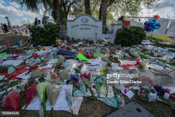 Flowers are the entrance of the Stoneman Douglas High School. On February 14 a former school Stoneman Douglas student Nikolas Cruz entered the school...
