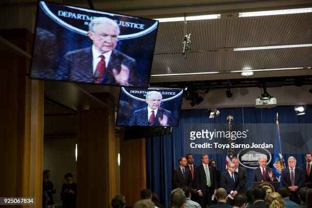 Attorney General Jeff Sessions speaks during a press conference at the Department of Justice in Washington, DC on February 27, 2018. Sessions...