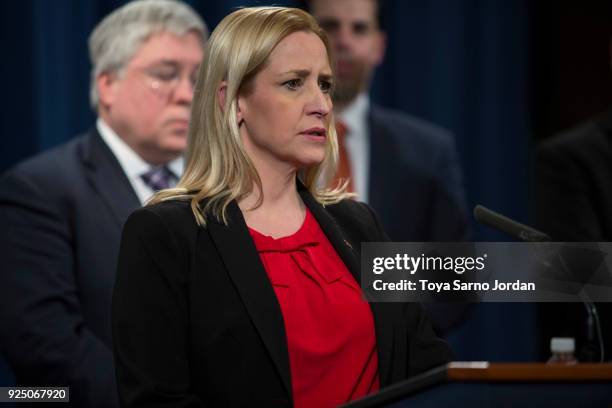 Arkansas Attorney General Leslie Rutledge speaks during a press conference at the Department of Justice in Washington, DC on February 27, 2018....